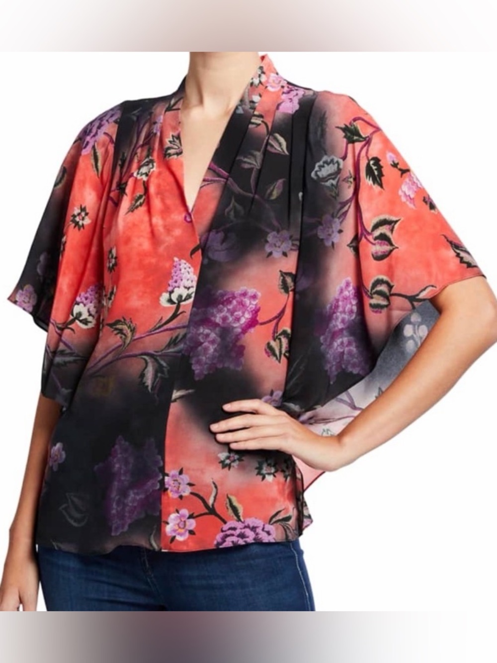 Kobi Halperin • Evin Floral V-Neck Silk Kimono Blouse • Size XL